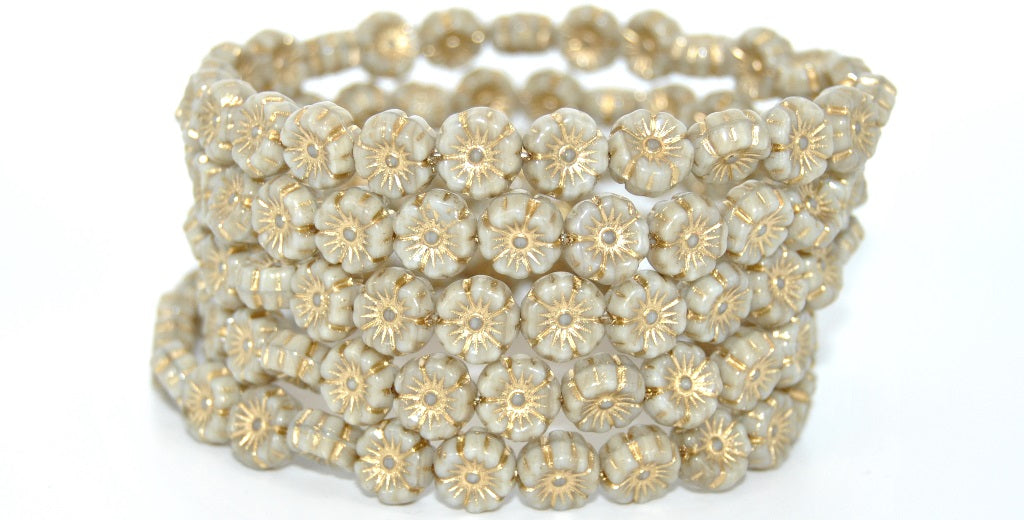 Hawaii Flower Pressed Glass Beads, Opaque Gray Gold Lined (43000-54202), Glass, Czech Republic