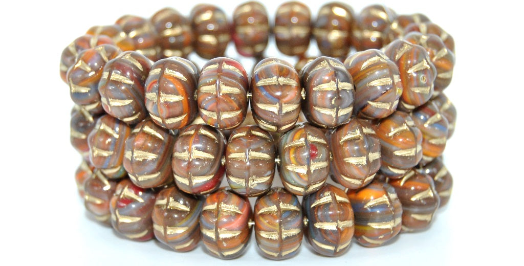 Pumpkin Pressed Glass Beads, Mixed Colors Brown Gold Lined (MIX-BROWN-54202), Glass, Czech Republic