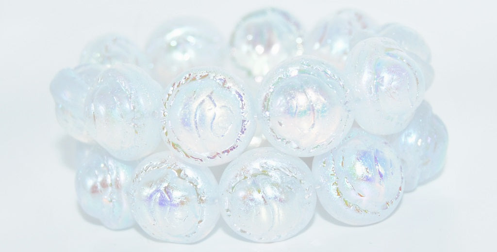 Round With Rose Flower Pressed Glass Beads, Crystal Abm 2X (00030-ABM-2X), Glass, Czech Republic