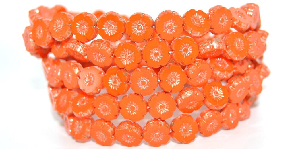 Table Cut Round Beads Hawaii Flowers, Deep Orange 86710 (93140-86710), Glass, Czech Republic