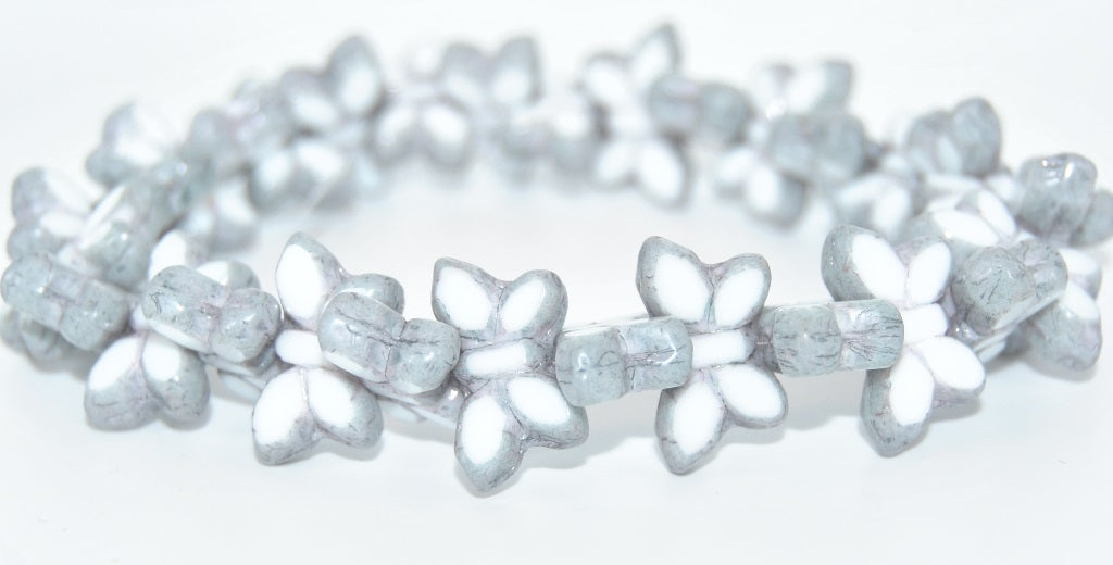 Table Cut Butterfly Beads, White Luster Blue Full Coated B (02010-14464B), Glass, Czech Republic