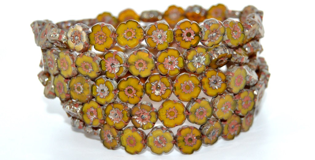 Table Cut Round Beads Hawaii Flowers, Opal Yellow Picasso (81210-43400), Glass, Czech Republic