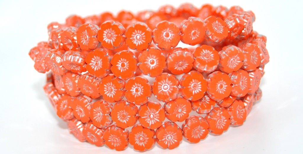 Table Cut Round Beads Hawaii Flowers, Deep Orange 86700B (93140-86700B), Glass, Czech Republic