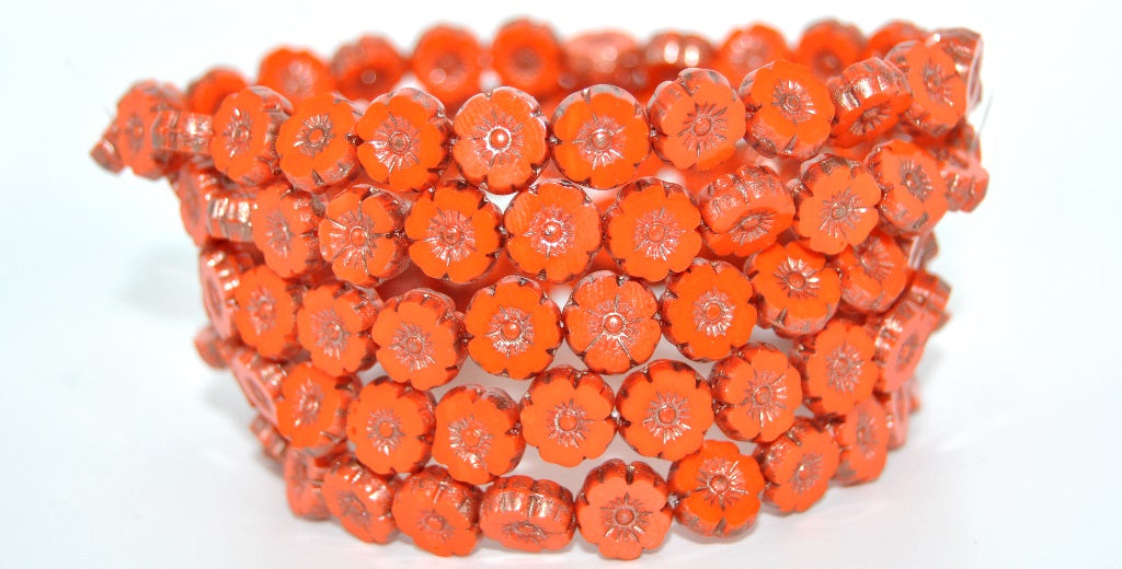 Table Cut Round Beads Hawaii Flowers, Deep Orange 86750 (93140-86750), Glass, Czech Republic