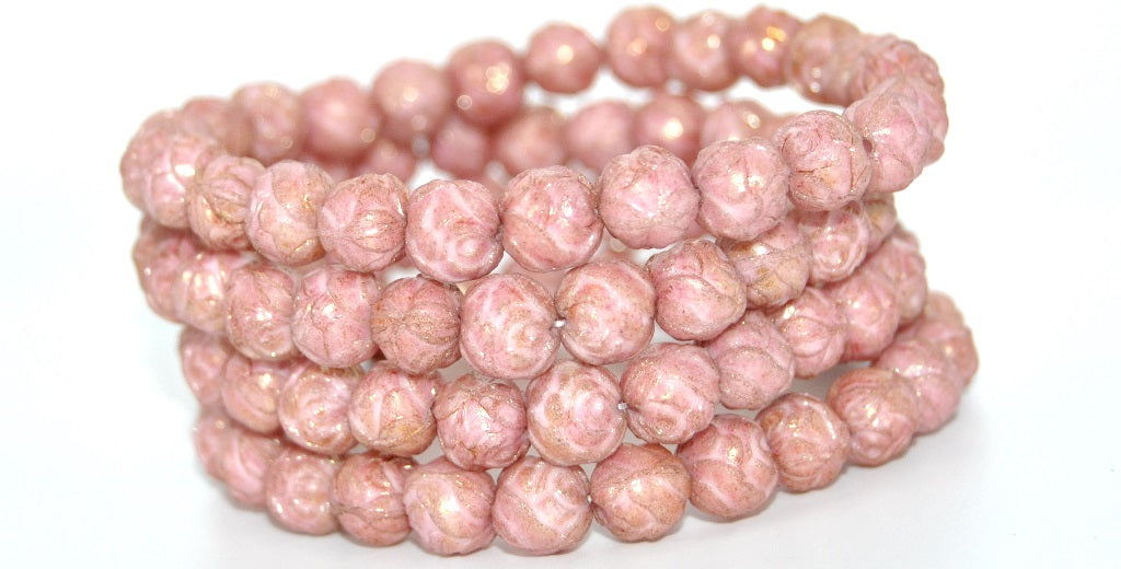 Round Rose Pressed Glass Beads, White Luster Red Full Coated (02010-14495), Glass, Czech Republic