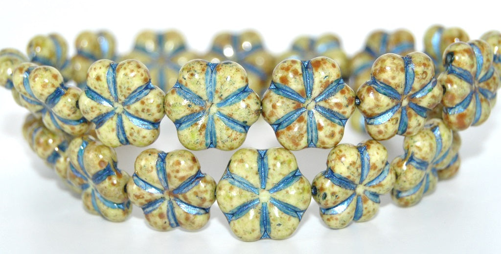 6-Petal Flower Pressed Glass Beads, White Stain Strong Blue Lined 34310 (2010-86805-43812-34310), Glass, Czech Republic