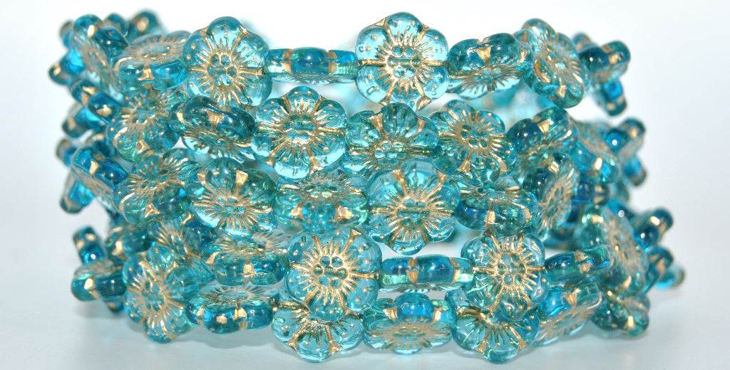 Flower Pressed Glass Beads,Transparent Aqua Gold Lined (60020-54202), Glass, Czech Republic