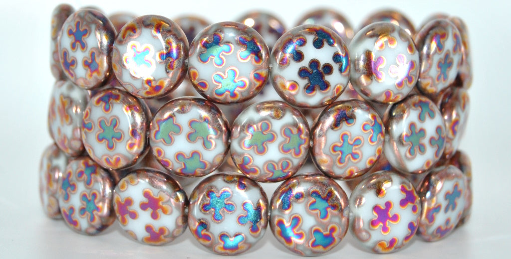 Flat Round Coin Pressed Glass Beads,White K6101 (02010-K6101), Glass, Czech Republic