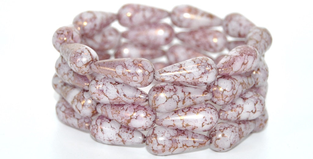 Pear Drop Pressed Glass Beads,Opal White Terracotta Violet (01000-15496), Glass, Czech Republic