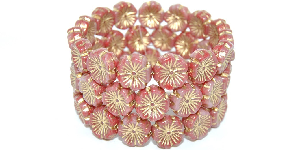 Hawaii Flower Pressed Glass Beads,Green Purple Gold Lined (95000-54202), Glass, Czech Republic