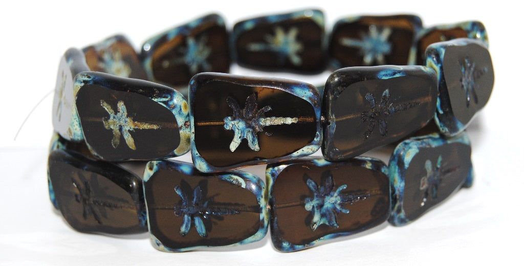Table Cut Rectangle Beads With Dragonfly,Transparent Brown Picasso (10230-66800), Glass, Czech Republic