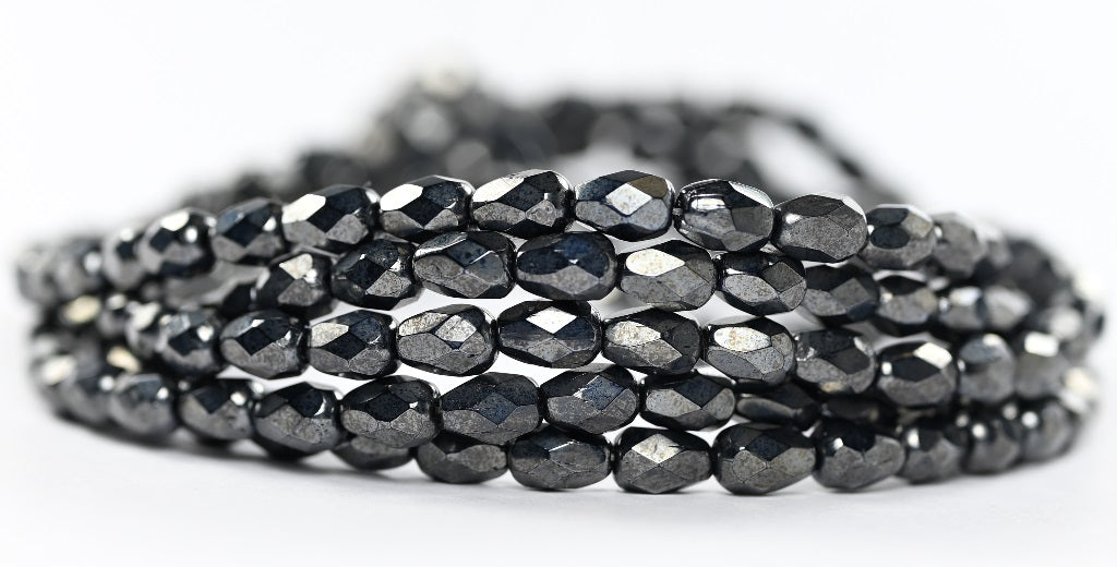 Faceted Special Cut Oval Fire Polished Beads, Black Hematite (23980-14400), Glass, Czech Republic