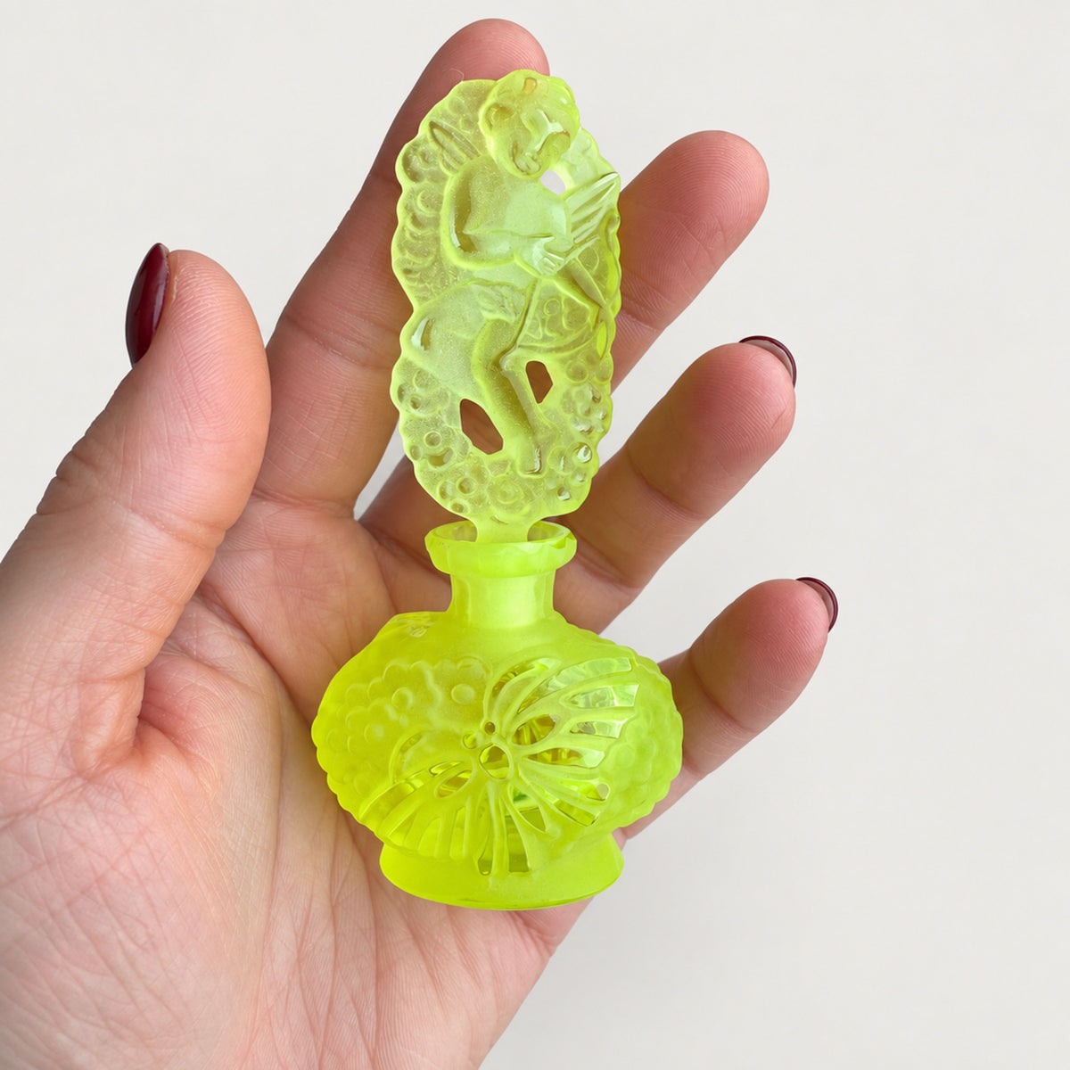 Vintage Uranium Glass Tableware (Glow under UV, No hot water) - Bottle with Angel Lid, Glass, Czech Republic