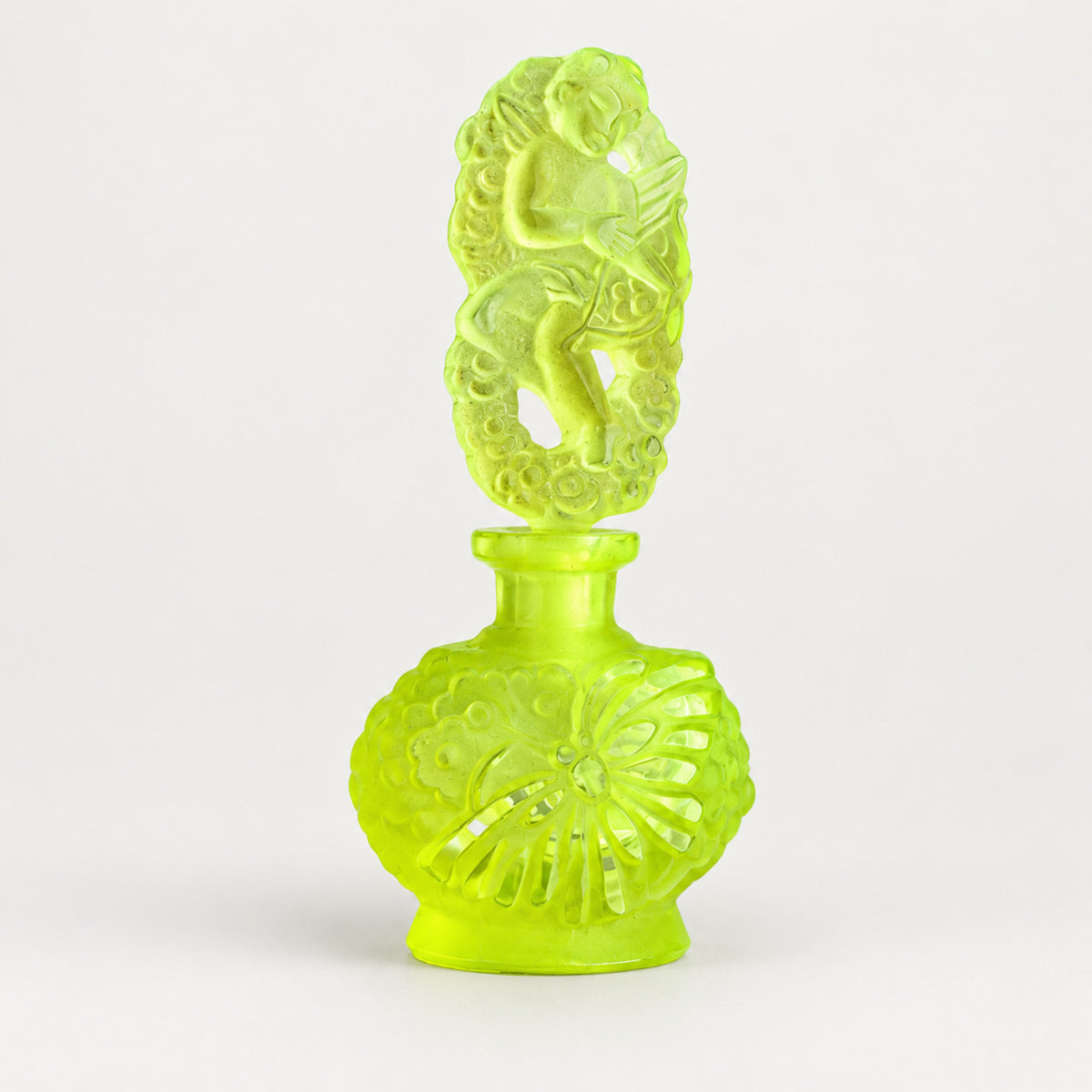 Vintage Uranium Glass Tableware (Glow under UV, No hot water) - Bottle with Angel Lid, Glass, Czech Republic