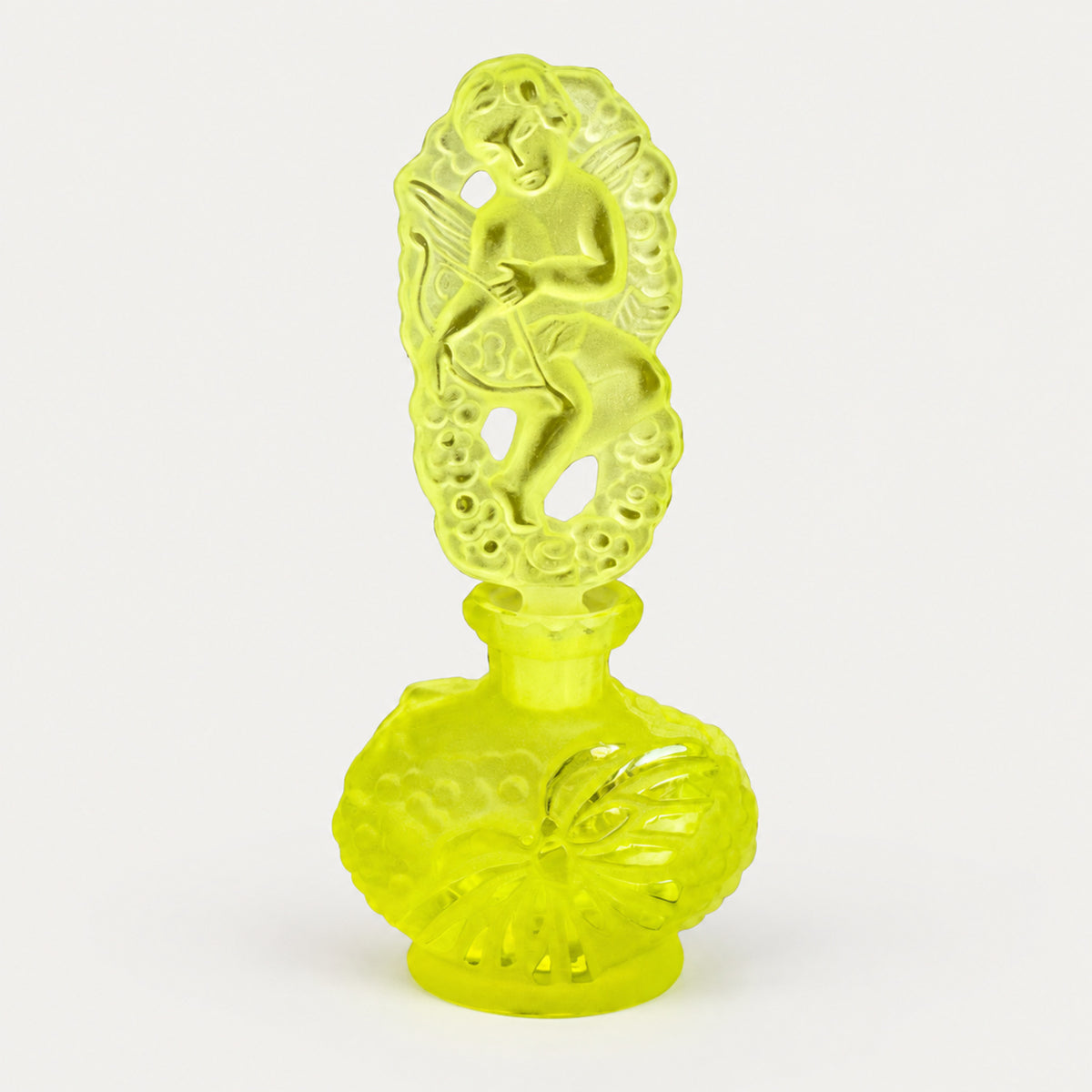 Vintage Uranium Glass Tableware (Glow under UV, No hot water) - Bottle with Angel Lid, Glass, Czech Republic