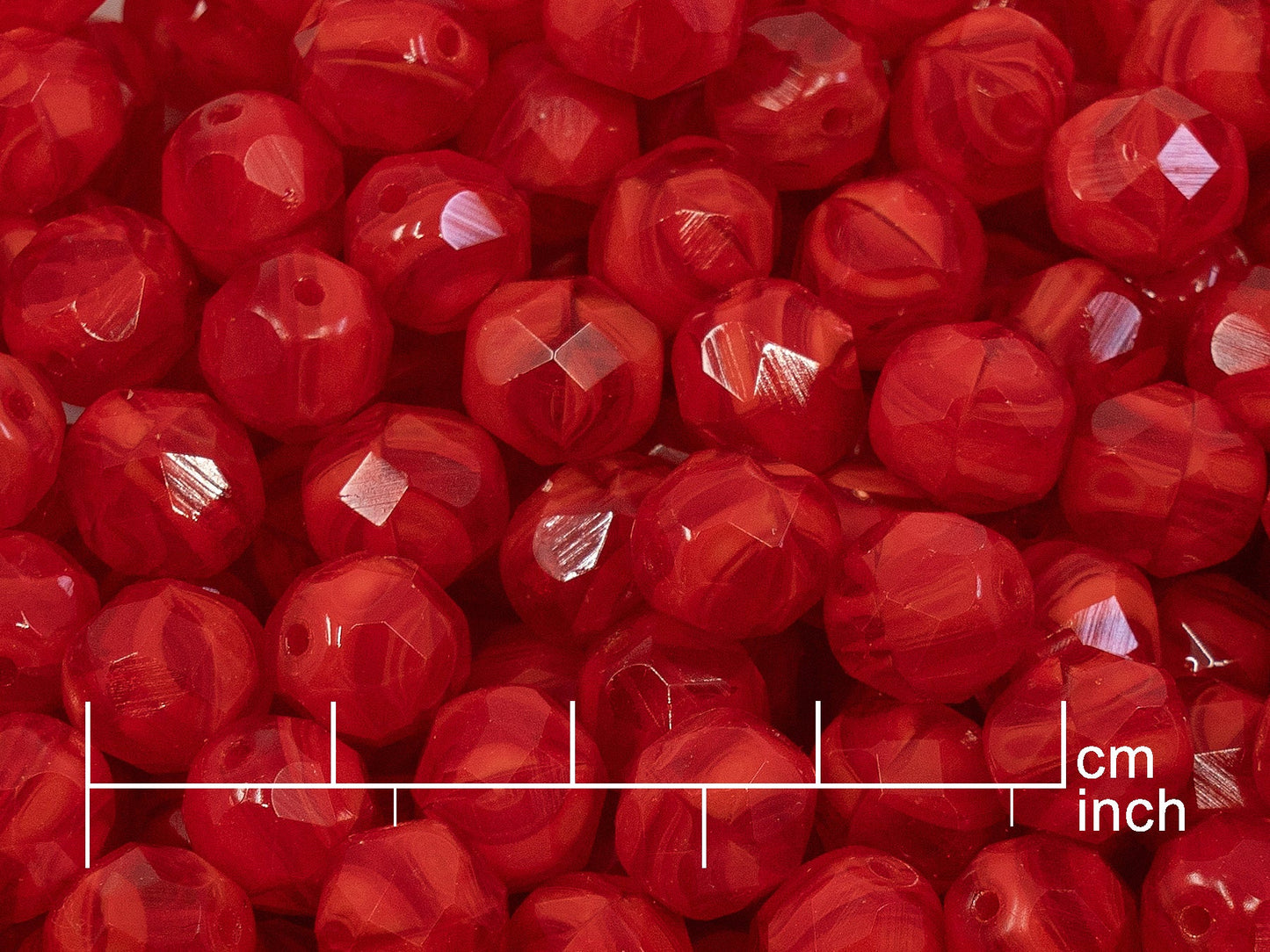 アウトレット 10グラム ファセットラウンドファイアポリッシュビーズ、8 x 8 mm、オパールレッド（91240）、ガラス、チェコ共和国