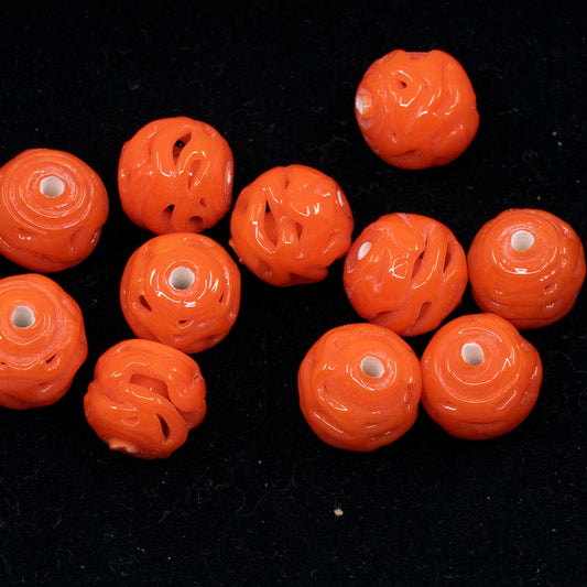 VINTAGE OUTLET 1 pc Lampwork LACE Handmade Round Beads, 10 x 10 mm, Coral Orange, Glass, Czech Republic, Antique Beads