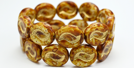 Oval With Tilda Pressed Glass Beads, White Travertin Gold Lined (1812-02010-86-54202), Glass, Czech Republic ~ STRANDED