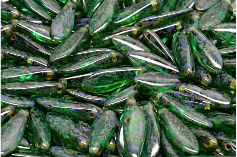 ダガービーズ、透明グリーンエメラルドトラバーチン（50720-86800）、ガラス、チェコ共和国