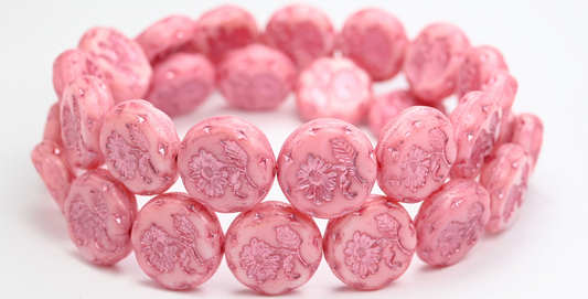 Round Flat With Flower Marguerite Pressed Glass Beads, Pink Pink Lined (07724-54321), Glass, Czech Republic ~ STRANDED
