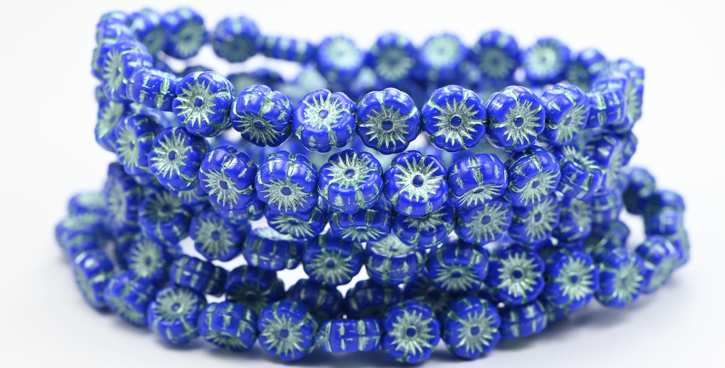 OUTLET 10 grams Hawaiian Flower Beads, 8 x 8 mm, Opaque Blue Green Lined (33050-54322), Glass, Czech Republic