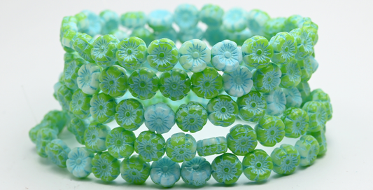 OUTLET 10 grams Hawaiian Flower Beads, 8 x 8 mm, Opal Green Light Blue Lined (520102010-54308), Glass, Czech Republic
