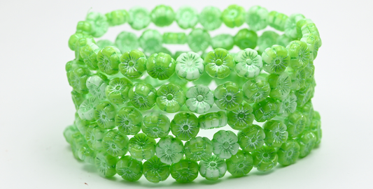 Hawaii Flower Pressed Glass Beads, Opal Green Green Lined (520102010-54322), Glass, Czech Republic ~ STRANDED