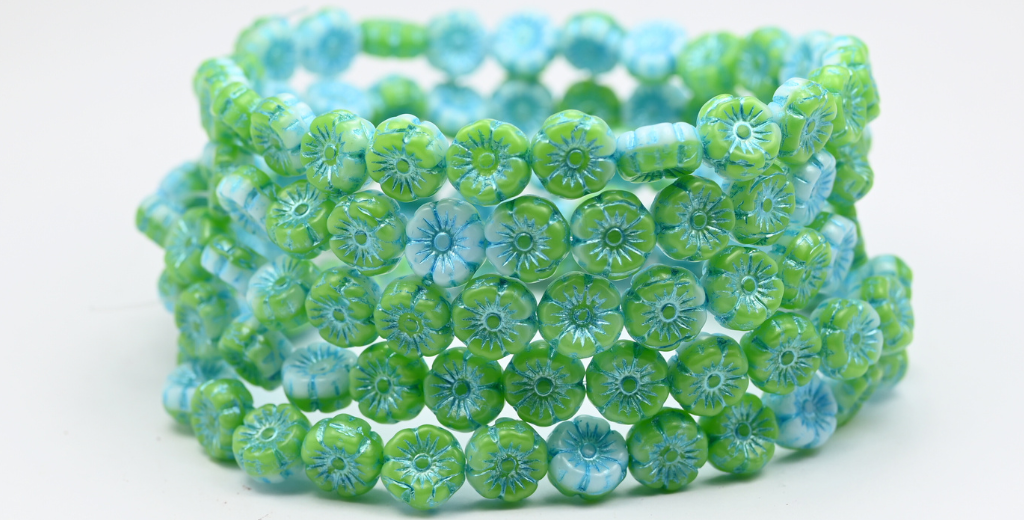 Hawaii Flower Pressed Glass Beads, Opal Green Blue Lined (520102010-54323), Glass, Czech Republic ~ STRANDED