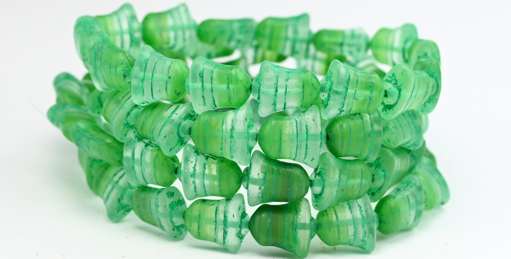 Flat Bell Beads, Opaque Green Green Lined (1413-56018-46450), Glass, Czech Republic ~ STRANDED