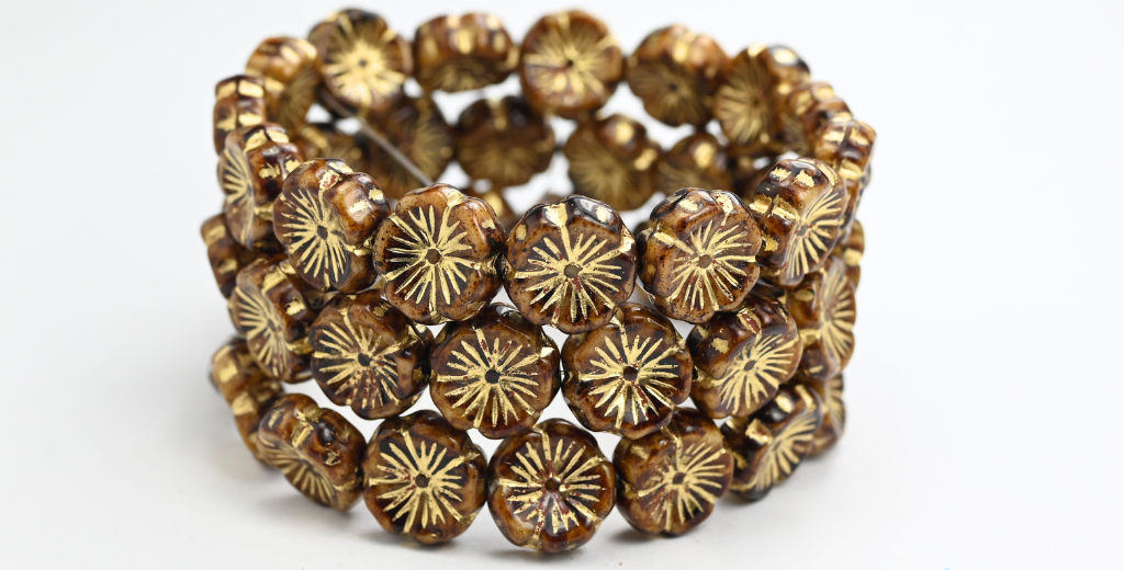 Hawaii Flower Pressed Glass Beads, Mixed Colors Brown Gold Lined (MIX-BROWN-54202), Glass, Czech Republic ~ STRANDED
