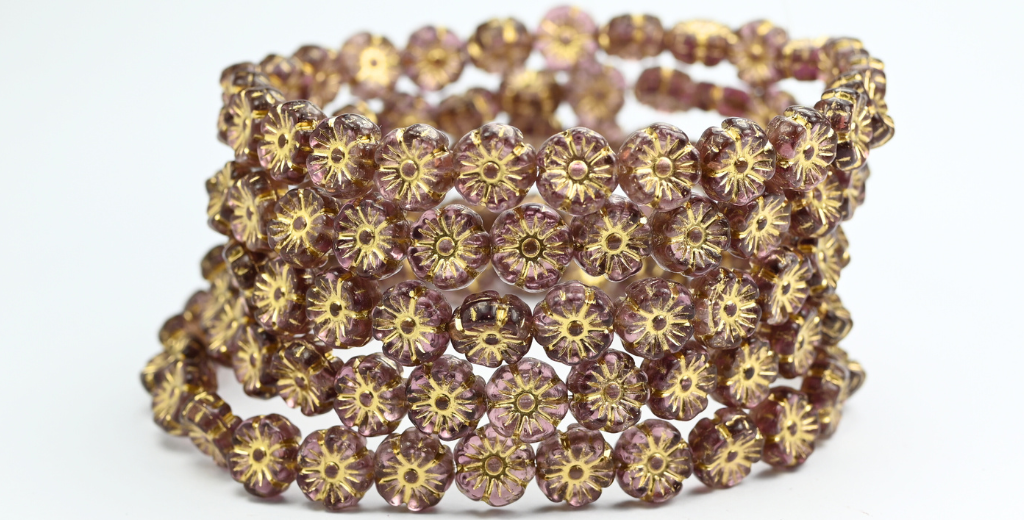 夏威夷花压制玻璃珠，透明浅紫水晶镀金 (2002004-54202)，玻璃，捷克共和国 ~ STRANDED
