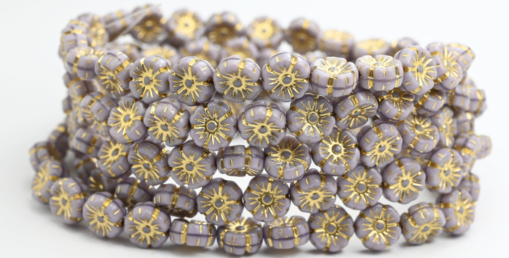 夏威夷花压制玻璃珠，丝绸薰衣草金线（24010-54202），玻璃，捷克共和国