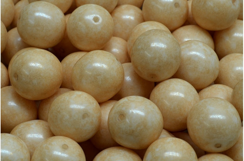 Round Druck Beads, White Luster Brown Full Coated (02010-14413), Glass, Czech Republic