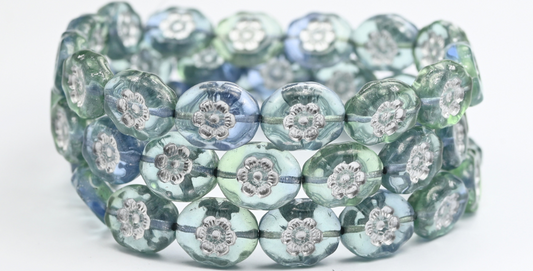 Oval Pressed Glass Beads With Flowers, Mix Yellow Blue Silver Lined (1411-87301-54201), Glass, Czech Republic ~ STRANDED