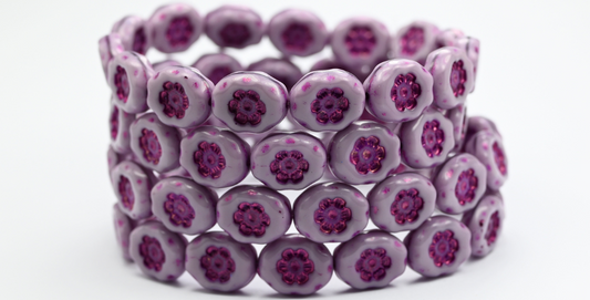 Oval Pressed Glass Beads With Flowers, Silky Lavender 54520 Met (1411-21350-54520-MET), Glass, Czech Republic ~ STRANDED