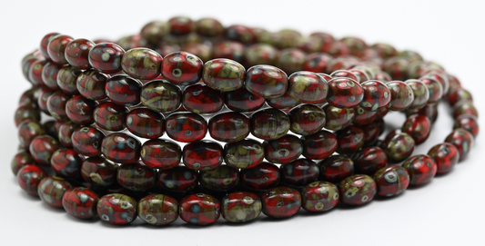 Olive Oval Pressed Glass Beads, Red Picasso (86-93190-43400), Glass, Czech Republic ~ STRANDED