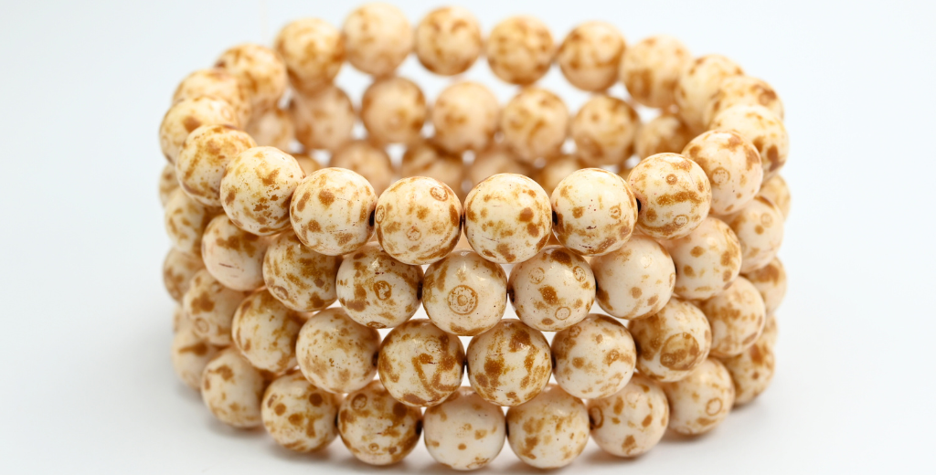 Round Pressed Glass Beads Druck, White Travertin (10-02010-86800), Glass, Czech Republic ~ STRANDED