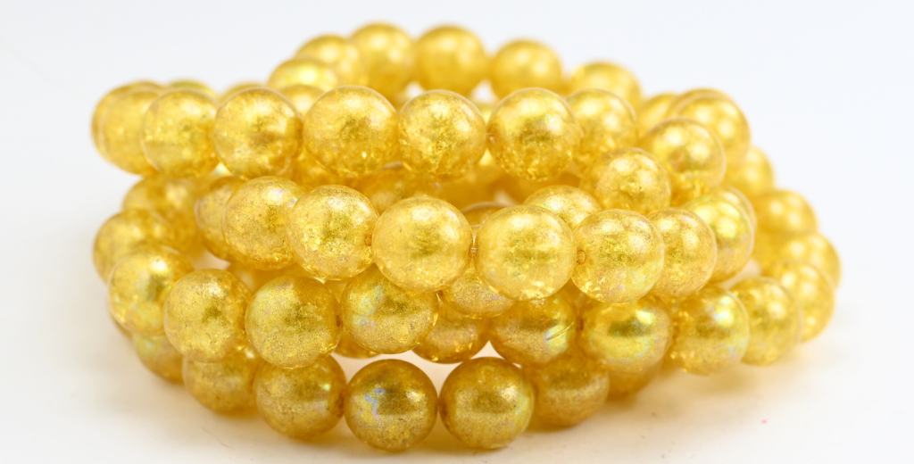 Round Pressed Glass Beads Druck, Crystal Light Yellow Crack Ab (10-00030-34302-CRACK-AB), Glass, Czech Republic ~ STRANDED