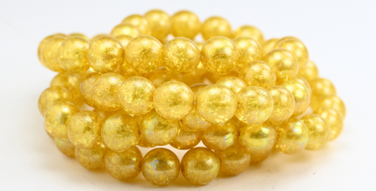 Round Pressed Glass Beads Druck, Crystal Light Yellow Crack Ab (10-00030-34302-CRACK-AB), Glass, Czech Republic ~ STRANDED