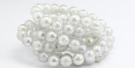 Round Pressed Glass Beads Druck, Crystal Silver Gray Crack Ab (10-00030-34301-CRACK-AB), Glass, Czech Republic ~ STRANDED