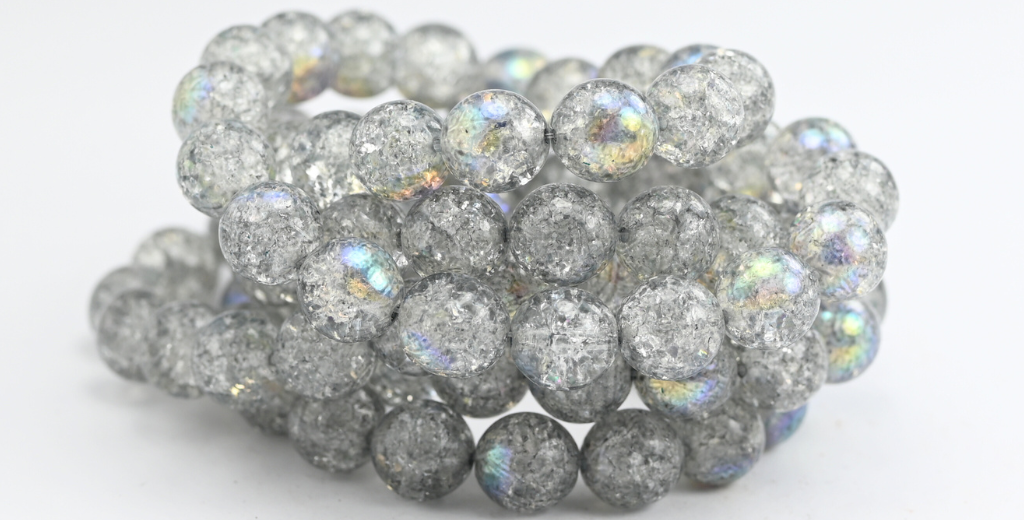 Round Pressed Glass Beads Druck, Crystal Light Gray Crack Ab (10-00030-34311-CRACK-AB), Glass, Czech Republic ~ STRANDED