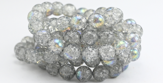 Round Pressed Glass Beads Druck, Crystal Light Gray Crack Ab (10-00030-34311-CRACK-AB), Glass, Czech Republic ~ STRANDED
