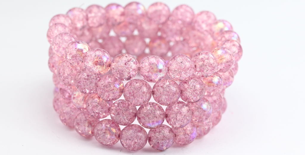 Round Pressed Glass Beads Druck, Crystal Light Fuchsia Pink Crack Ab (10-00030-34306-CRACK-AB), Glass, Czech Republic ~ STRANDED