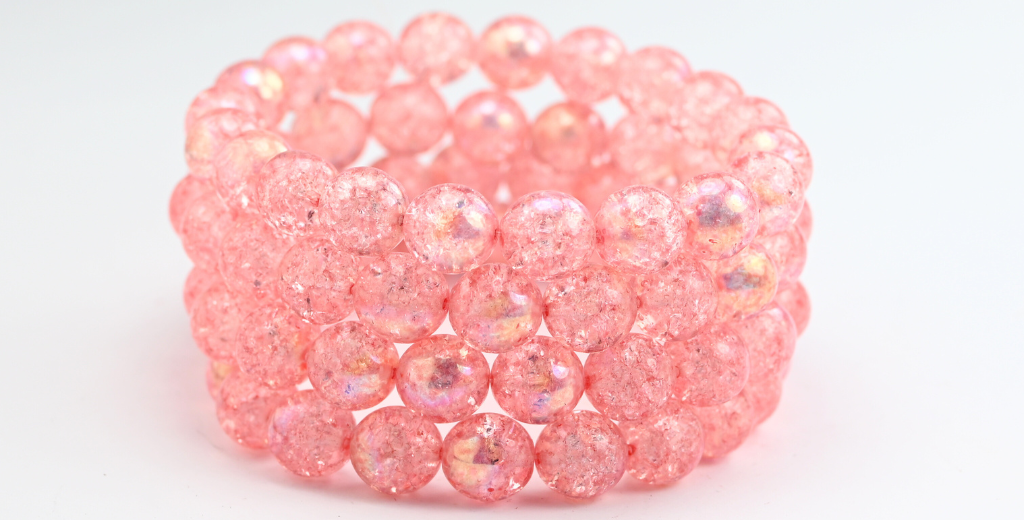 Round Pressed Glass Beads Druck, Crystal Light Pink Crack Ab (10-00030-34304-CRACK-AB), Glass, Czech Republic ~ STRANDED