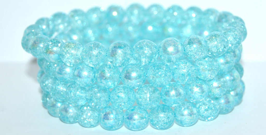 Round Pressed Glass Beads Druck, Crystal Light Aqua Blue Crack Ab (10-00030-34308-CRACK-AB), Glass, Czech Republic ~ STRANDED