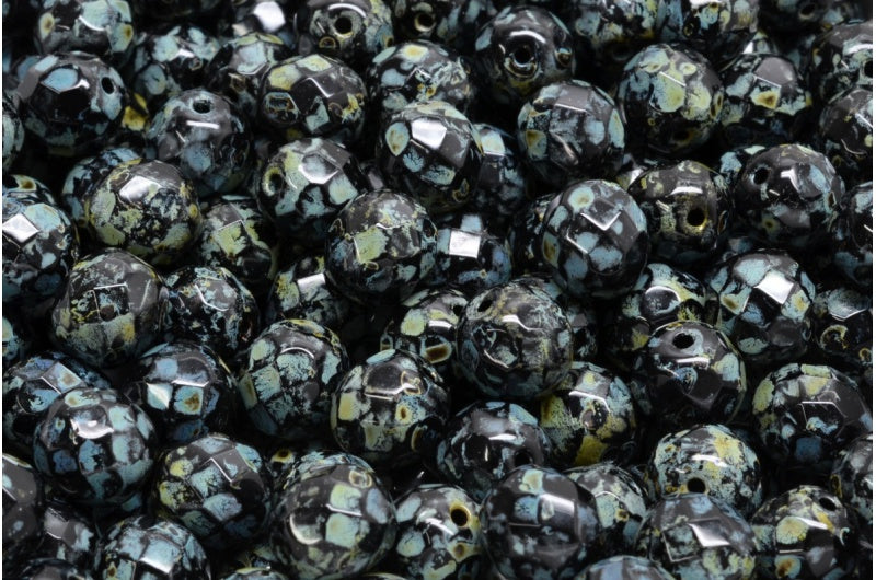 アウトレット 10グラム ファセットラウンドファイアポリッシュビーズ、8 x 8 mm、ブラックトラバーチン（23980-86800）、ガラス、チェコ共和国