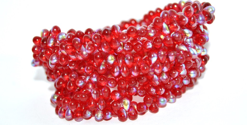 Teardrop Pear Beads, Ruby Red Ab (46-90080-AB), Glass, Czech Republic ~ STRANDED