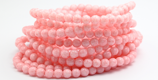 Round Pressed Glass Beads Druck, White Light Pink (6-02010-34304), Glass, Czech Republic ~ STRANDED