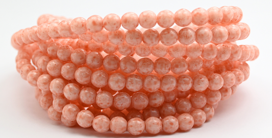 Round Pressed Glass Beads Druck, White Light Pink Peach (6-02010-34305), Glass, Czech Republic ~ STRANDED