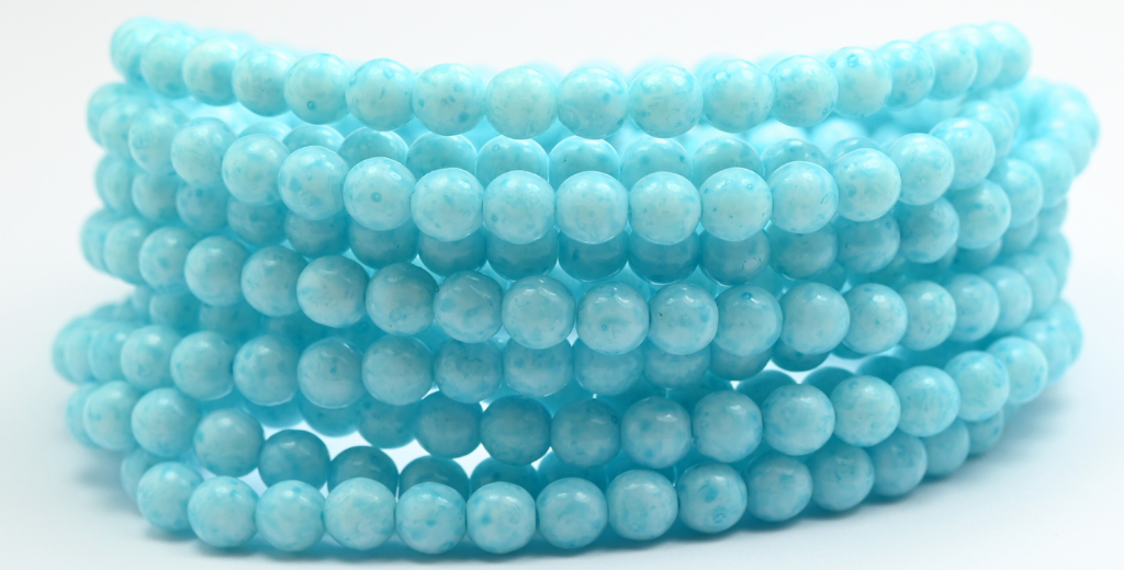 Round Pressed Glass Beads Druck, White Light Aqua Blue (6-02010-34308), Glass, Czech Republic ~ STRANDED